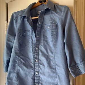 Cute Denim Button-Up Shirt with small white polka dots